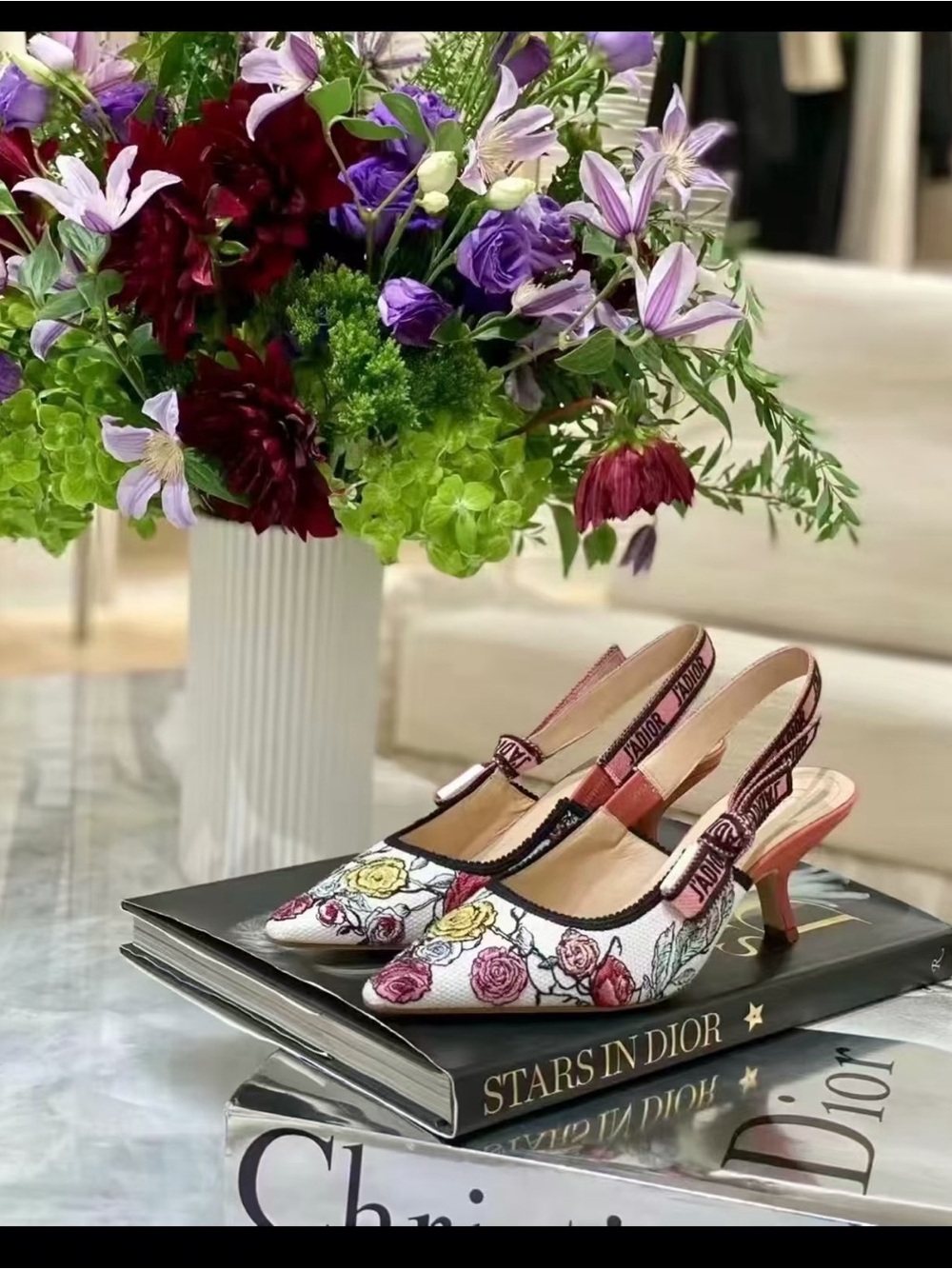 🚩steal Dior Multicolor Floral Embroidered Slingback Pumps with Pink Heel - Picture 5 of 5